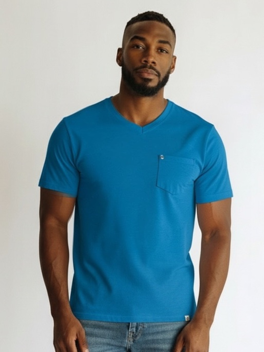 Free Planet Men's V-Neck Pocket Tee in Bright Blue